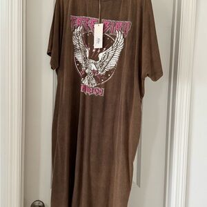 Free Bird Graphic Brown Oversized T-Shirt Dress